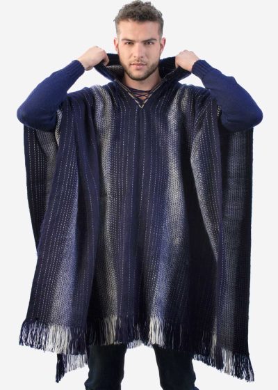 INTI0230 Intialpaca Hodded Blue Soft Alpaca Poncho for Men with Striped Design Chikan