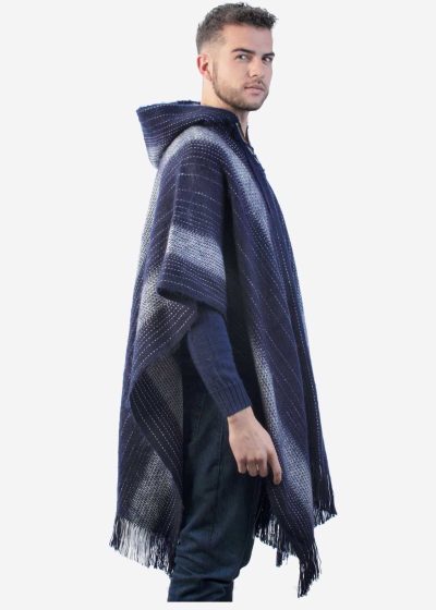 INTI0230 Intialpaca Hodded Blue Soft Alpaca Poncho for Men with Striped Design Chikan