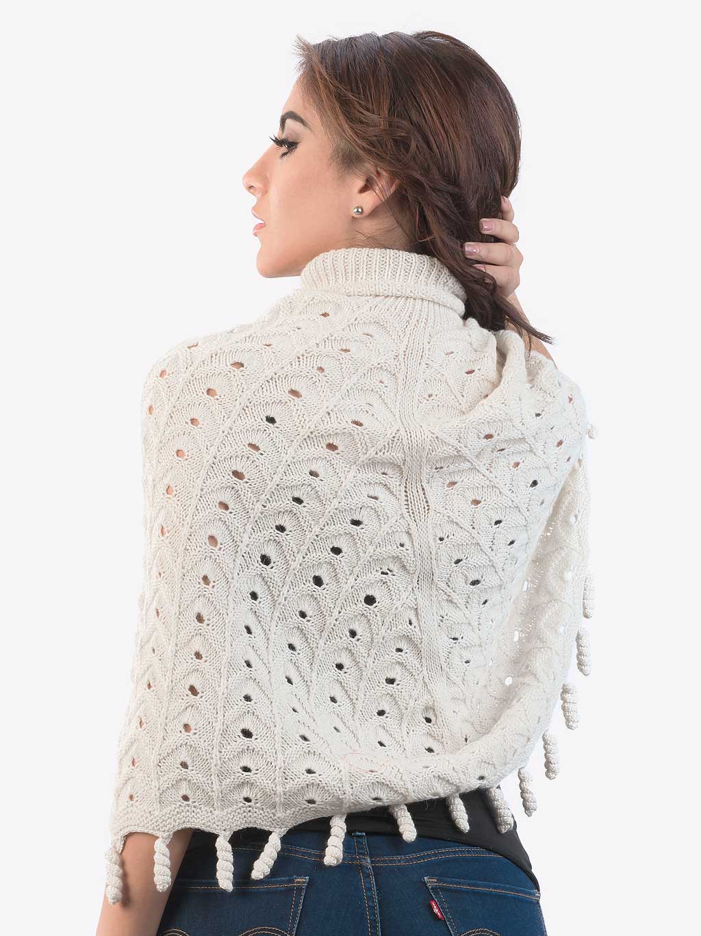 INTI0235 INTI ALPACA Openwork Hand Woven Unique Alpaca Poncho for Women Off-White