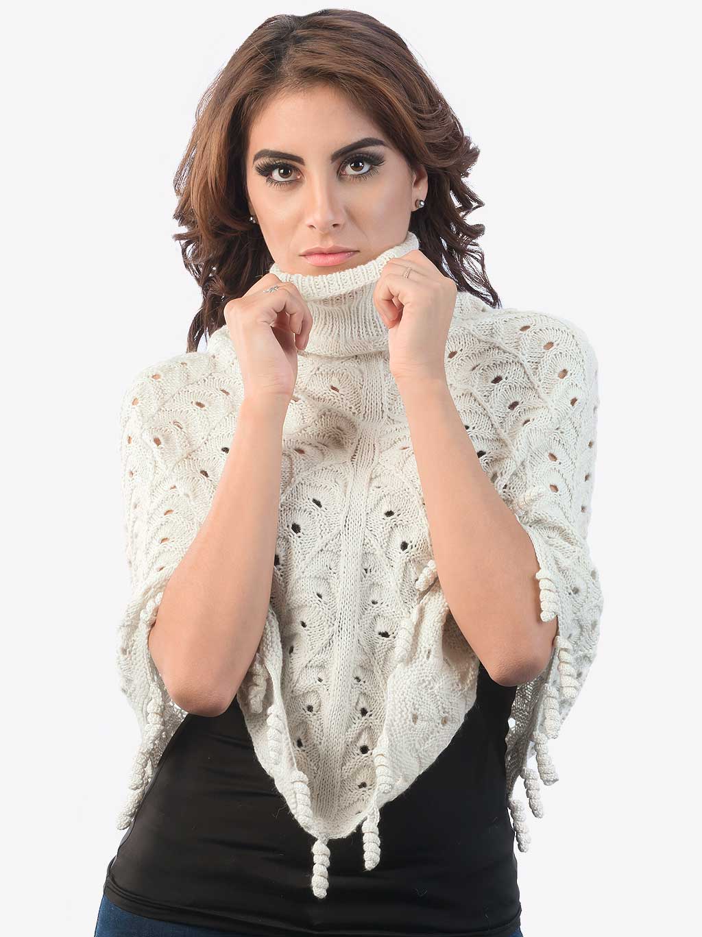 INTI ALPACA Openwork Hand Woven Unique Alpaca Poncho for Women Off-White