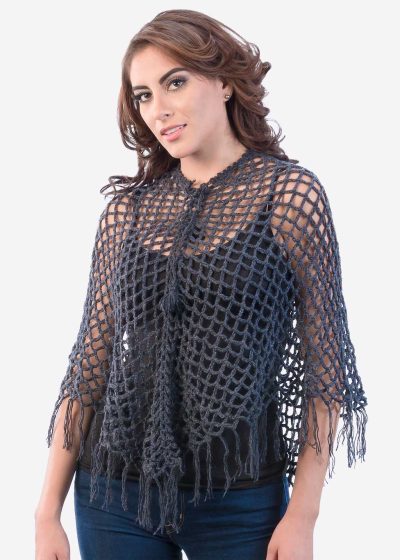 INTI0241 INTI ALPACA Dark Gray Hand Crocheted Alpaca Fringed Poncho for Women Openwork Cape