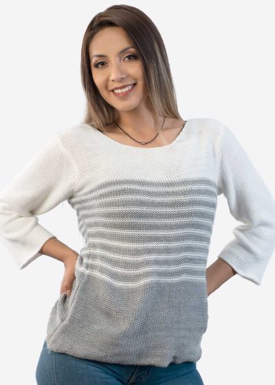 INTI0256 Intialpaca Women's Striped Handwoven White and Gray Alpaca Sweater