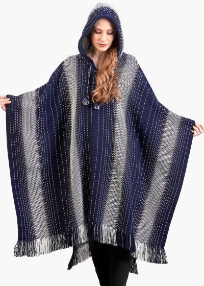 INTI0281 INTI ALPACA Hooded Blue Alpaca Cape Poncho for Women with Striped Design Dallas