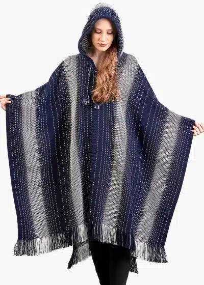 INTI0281 INTI ALPACA Hooded Blue Alpaca Cape Poncho for Women with Striped Design Dallas