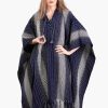 INTI0281 INTI ALPACA Hooded Blue Alpaca Cape Poncho for Women with Striped Design Dallas