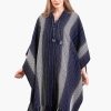 INTI0281 INTI ALPACA Hooded Blue Alpaca Cape Poncho for Women with Striped Design Dallas