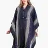 INTI0281 INTI ALPACA Hooded Blue Alpaca Cape Poncho for Women with Striped Design Dallas