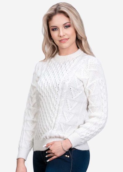 INTI0299 INTI ALPACA Women's Crewneck White Hand Knitted Irish Aran Alpaca Sweater “Danu” - Fisherman Jumper