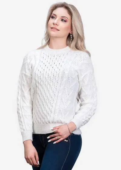INTI0299 INTI ALPACA Women's Crewneck White Hand Knitted Irish Aran Alpaca Sweater “Danu” - Fisherman Jumper