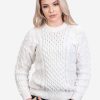 INTI0299 INTI ALPACA Women's Crewneck White Hand Knitted Irish Aran Alpaca Sweater “Danu” - Fisherman Jumper