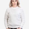INTI0299 INTI ALPACA Women's Crewneck White Hand Knitted Irish Aran Alpaca Sweater “Danu” - Fisherman Jumper