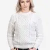 INTI0299 INTI ALPACA Women's Crewneck White Hand Knitted Irish Aran Alpaca Sweater “Danu” - Fisherman Jumper