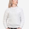 INTI0299 INTI ALPACA Women's Crewneck White Hand Knitted Irish Aran Alpaca Sweater “Danu” - Fisherman Jumper