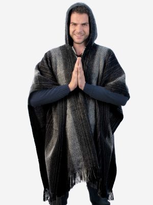 INTI0303 Intialpaca Hodded Black Soft Alpaca Poncho for Men with Striped Design Ayar