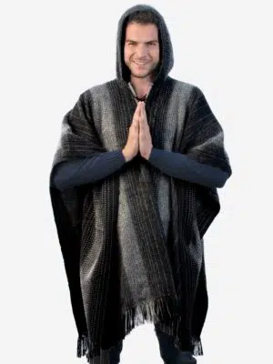 INTI0303 Intialpaca Hodded Black Soft Alpaca Poncho for Men with Striped Design Ayar