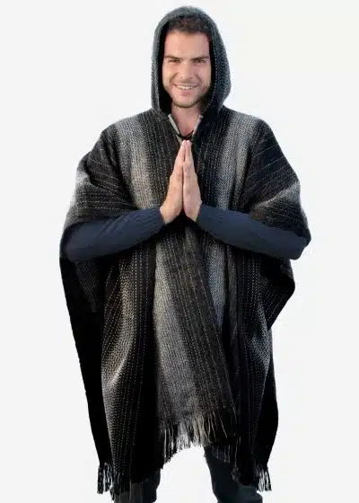 INTI0303 Intialpaca Hodded Black Soft Alpaca Poncho for Men with Striped Design Ayar