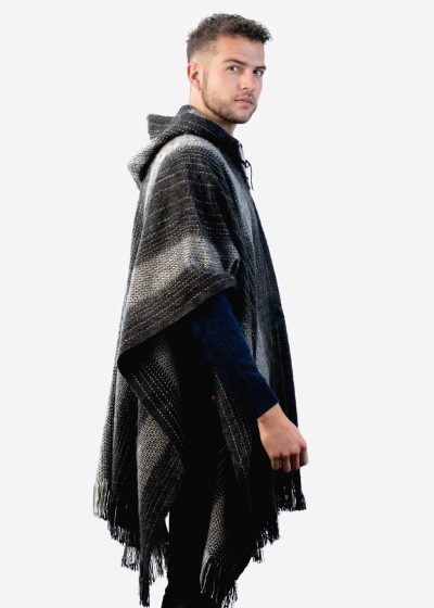 INTI0303 Intialpaca Hodded Black Soft Alpaca Poncho for Men with Striped Design Ayar