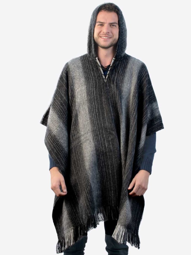 Inti Alpaca Hooded Black Soft Alpaca Poncho for Men with Striped Design 