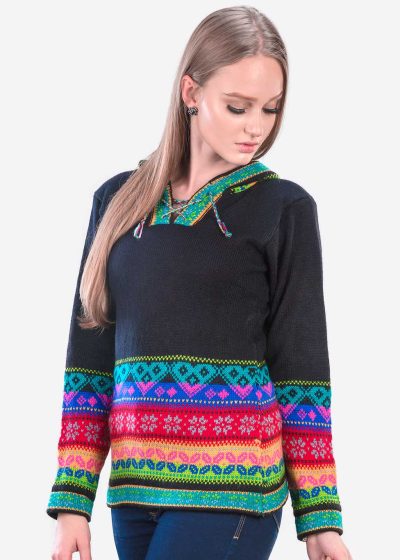 INTI0305 INTI ALPACA HODDIE BLACK ALPACA SWEATER FOR WOMEN