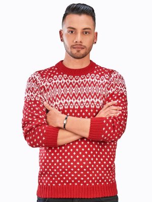 INTI0306 INTI ALPACA-RED AND WHITE CREWNECK SOFT ALPACA SWEATER FOR-MEN CHRISTMAS PULLOVER