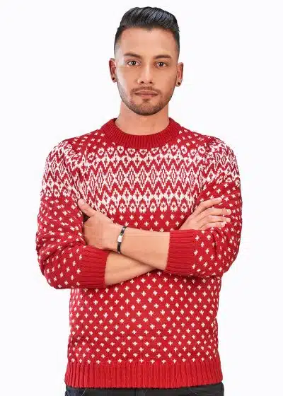 INTI0306 INTI ALPACA-RED AND WHITE CREWNECK SOFT ALPACA SWEATER FOR-MEN CHRISTMAS PULLOVER