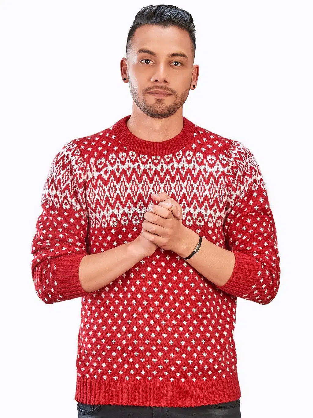 INTI0306 INTI ALPACA-RED AND WHITE CREWNECK SOFT ALPACA SWEATER FOR-MEN CHRISTMAS PULLOVER