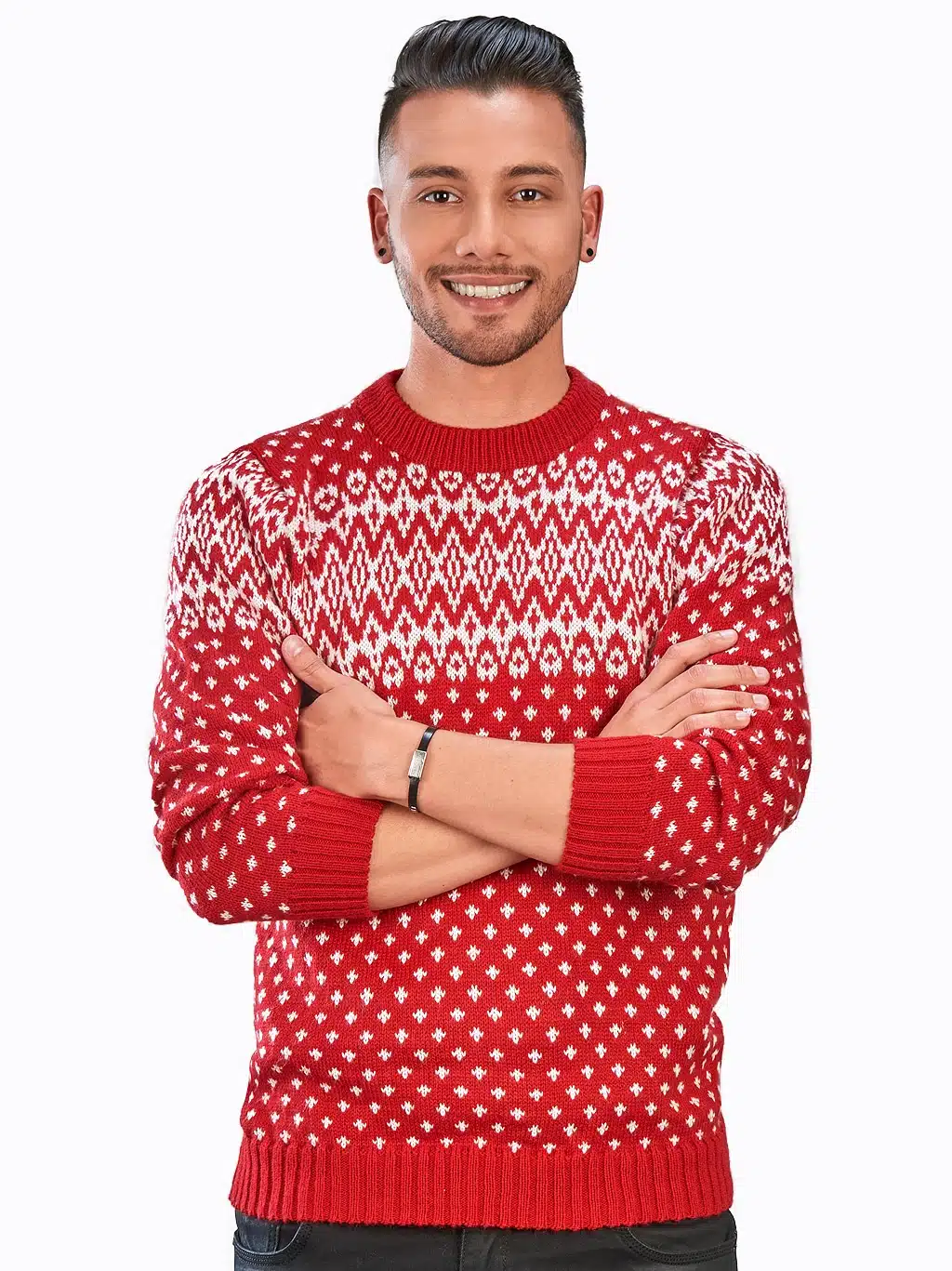 INTI0306 INTI ALPACA-RED AND WHITE CREWNECK SOFT ALPACA SWEATER FOR-MEN CHRISTMAS PULLOVER