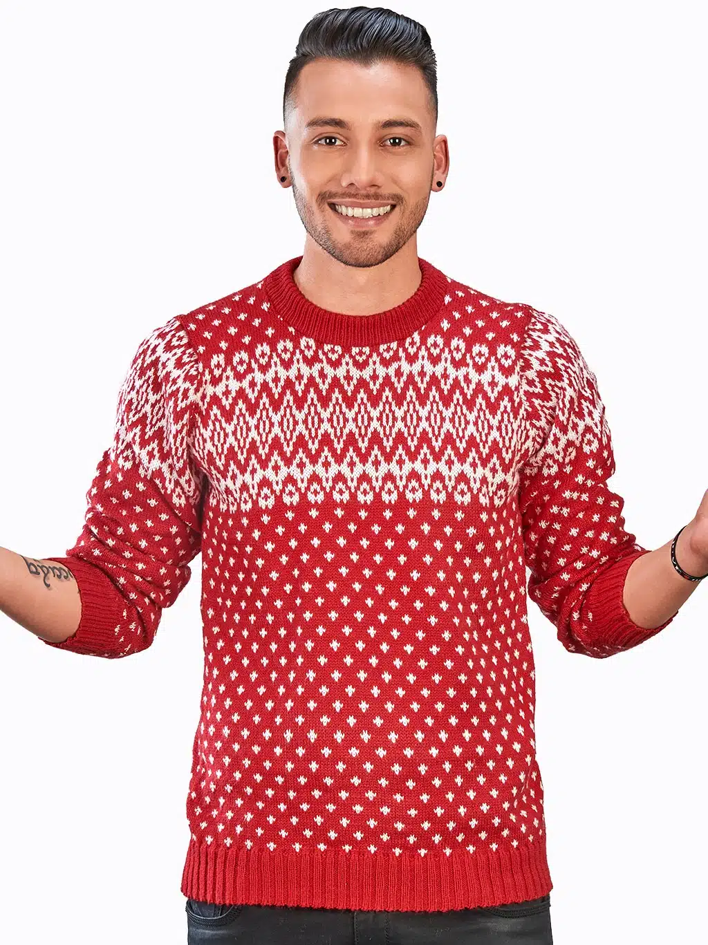 INTI0306 INTI ALPACA-RED AND WHITE CREWNECK SOFT ALPACA SWEATER FOR-MEN CHRISTMAS PULLOVER