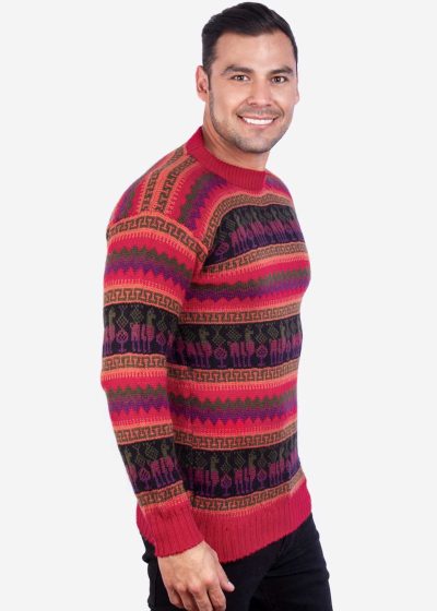 INTI ALPACA Peruvian Sweater for Men in Red Alpaca Wool with Llama Pattern