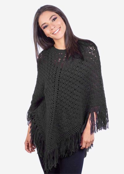 INTI0315 INTI ALPACA Hand Crocheted Alpaca Poncho for Women with Black Alpaca Wool