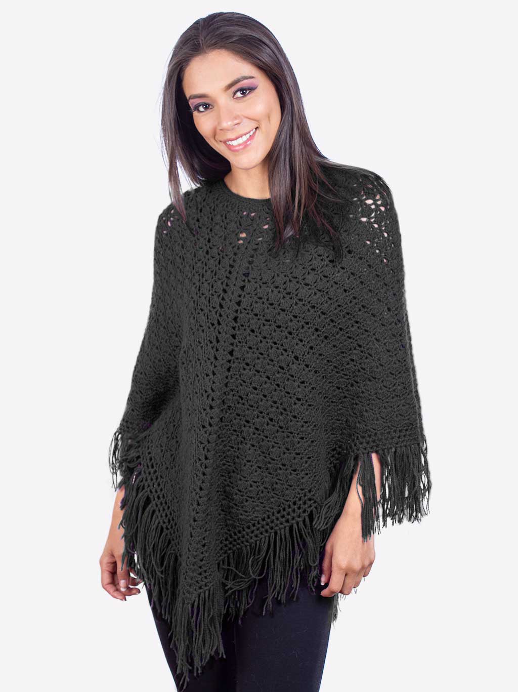 INTI0315 INTI ALPACA Hand Crocheted Alpaca Poncho for Women with Black Alpaca Wool
