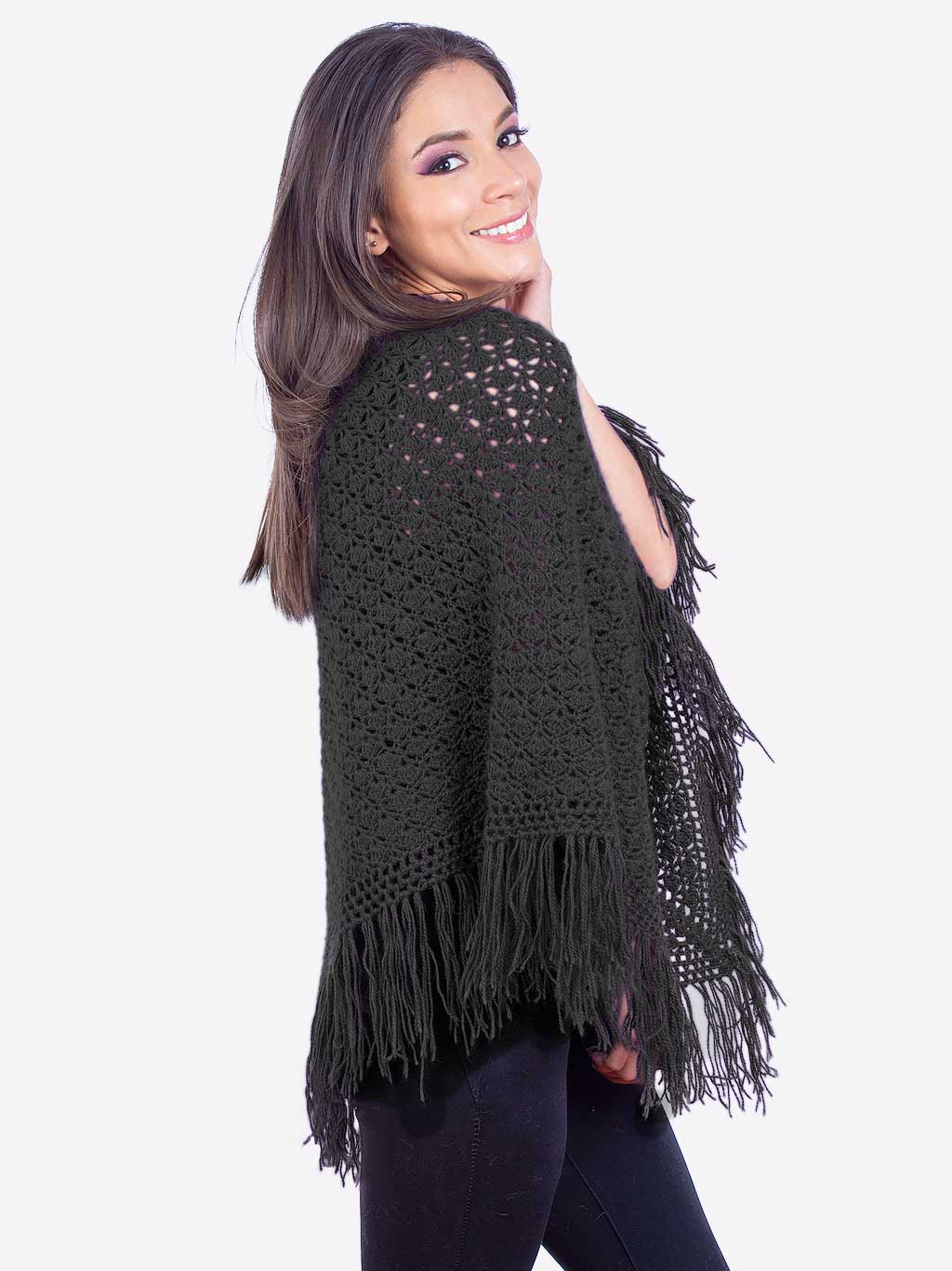 INTI0315 INTI ALPACA Hand Crocheted Alpaca Poncho for Women with Black Alpaca Wool
