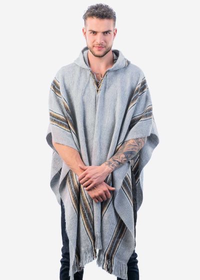 INTI0332 INTI ALPACA Mens Hooded Poncho - Winter Cape in Gray Alpaca Wool - Cloak Cape "Frankfurt"