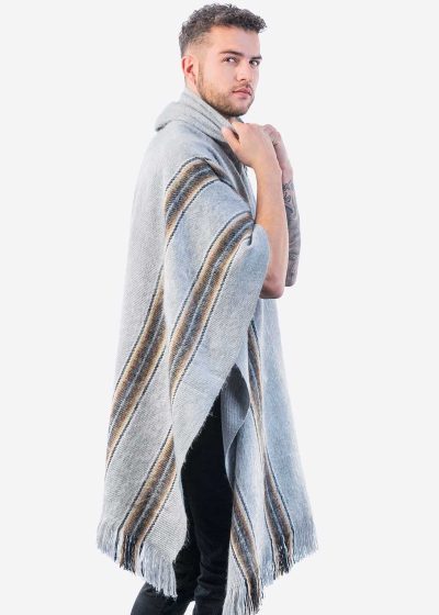 INTI0332 INTI ALPACA Mens Hooded Poncho - Winter Cape in Gray Alpaca Wool - Cloak Cape "Frankfurt"