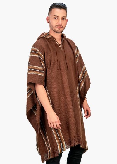 INTI ALPACA Alpaca Hooded Poncho for Men Wool-Cape with Hood Winter - Long Poncho- Comfortable House Coat- Brown "Miami"