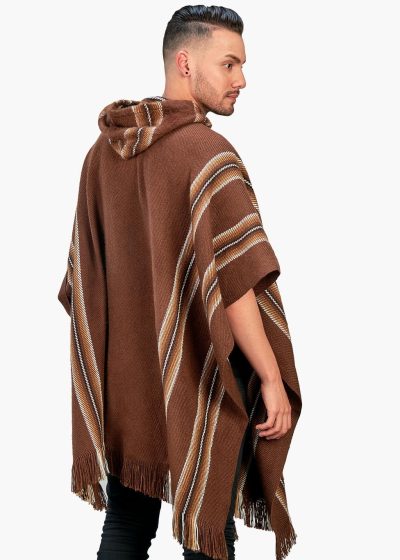 INTI ALPACA Alpaca Hooded Poncho for Men Wool-Cape with Hood Winter - Long Poncho- Comfortable House Coat- Brown "Miami"