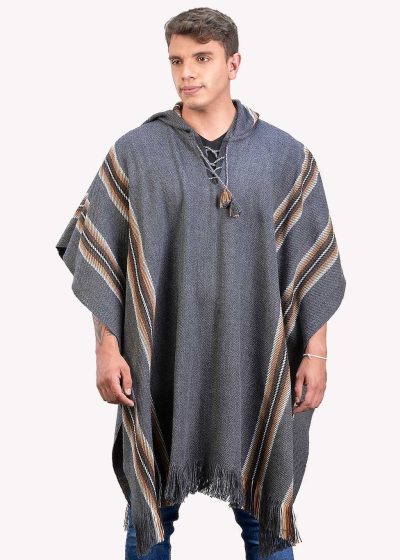 INTI0334 INTI ALPACA Hooded Poncho for Men - Cloak Poncho Cape - Home Blanket - Knitted in Dark Gray Alpaca Wool