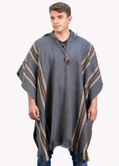 INTI0334 INTI ALPACA Hooded Poncho for Men - Cloak Poncho Cape - Home Blanket - Knitted in Dark Gray Alpaca Wool