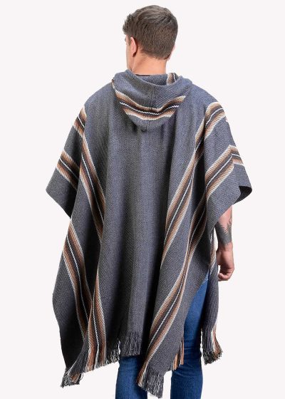 INTI0334 INTI ALPACA Hooded Poncho for Men - Cloak Poncho Cape - Home Blanket - Knitted in Dark Gray Alpaca Wool