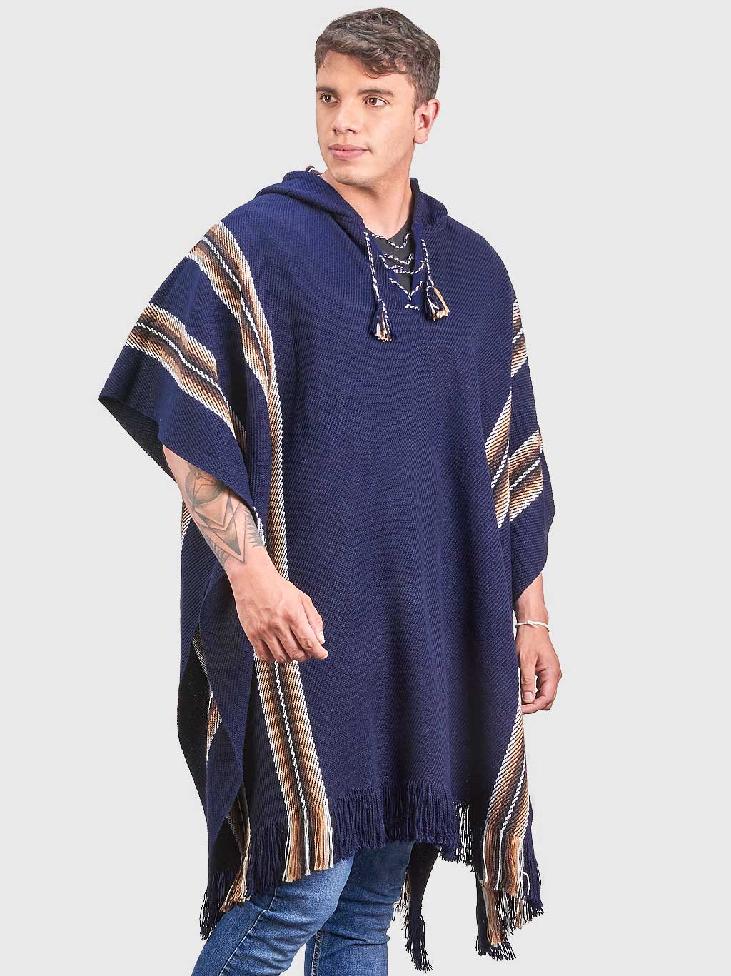 INTI ALPACA Blue Hooded Poncho for Men Winter Cloak Cape Outweat