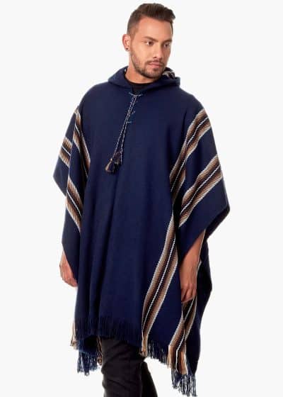 INTI0335 INTI ALPACA Blue Hooded Poncho for Men - Winter Cloak Cape - Outwear Hoodies Pullover Handmade piece in alpaca wool - Alpaca Poncho Cape