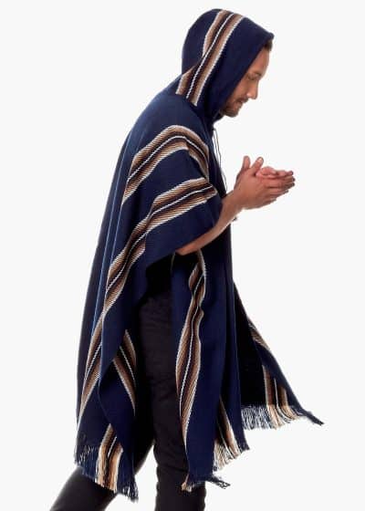 INTI0335 INTI ALPACA Blue Hooded Poncho for Men - Winter Cloak Cape - Outwear Hoodies Pullover Handmade piece in alpaca wool - Alpaca Poncho Cape