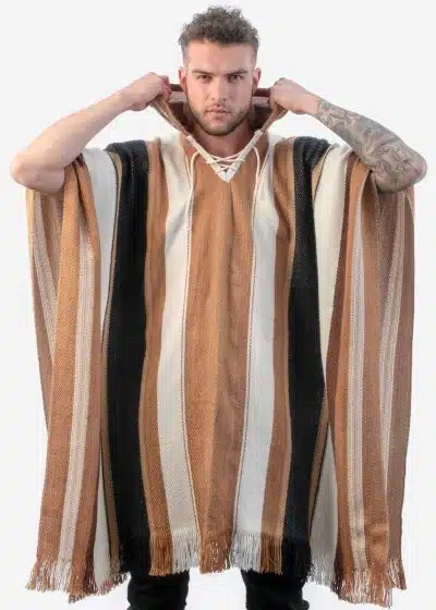 INTI0336 Intialpaca Alpaca Hooded Poncho for Men and Women- Brown Tones Stripes for Winter Season