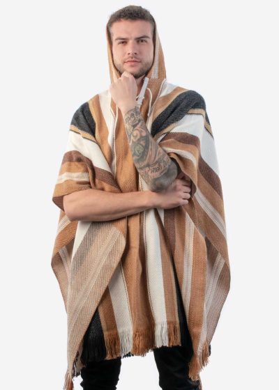 INTI0336 Intialpaca Alpaca Hooded Poncho for Men and Women- Brown Tones Stripes for Winter Season