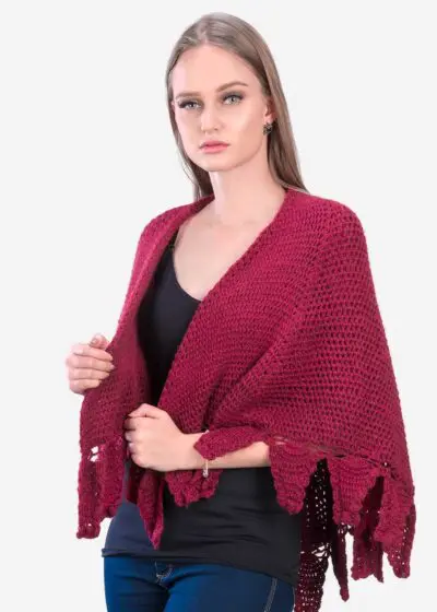 INTI0339 Artistically Hand Crocheted Alpaca Shawl in Burgundy
