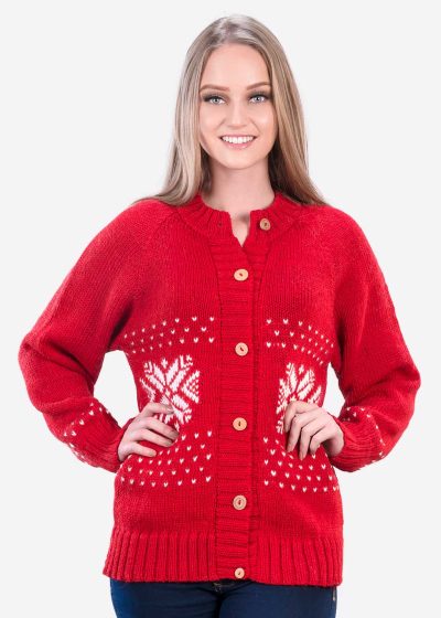 INTI0346 INTI ALPACA Christmas Alpaca Cardigan for Women Handmade in red Alpaca Wool - Winter Sweater