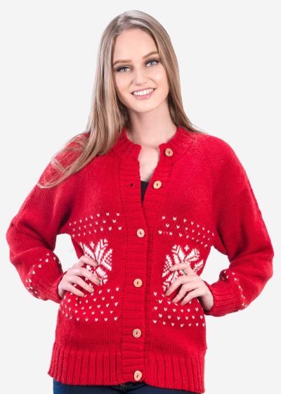 INTI0346 INTI ALPACA Christmas Alpaca Cardigan for Women Handmade in red Alpaca Wool - Winter Sweater