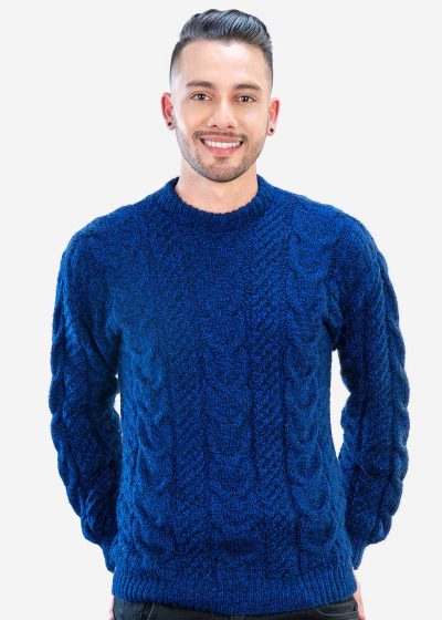 INTI0348 INTI ALPACA Irish Aran Sweater for Men - Hand Cable Knitted Crewneck Pullover in Blue Melange Alpaca Wool