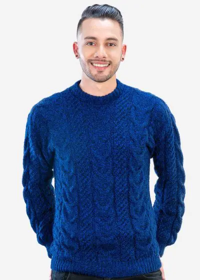 INTI0348 INTI ALPACA Irish Aran Sweater for Men - Hand Cable Knitted Crewneck Pullover in Blue Melange Alpaca Wool