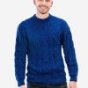 INTI0348 INTI ALPACA Irish Aran Sweater for Men - Hand Cable Knitted Crewneck Pullover in Blue Melange Alpaca Wool